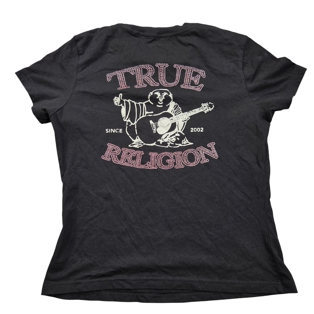 True Religion Graphic T-Shirt Womens Medium Black Rhinestone Buddha Guitar